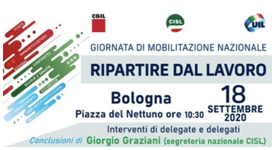 18 settembre, sindacati a Bologna per "Ripartire dal lavoro"